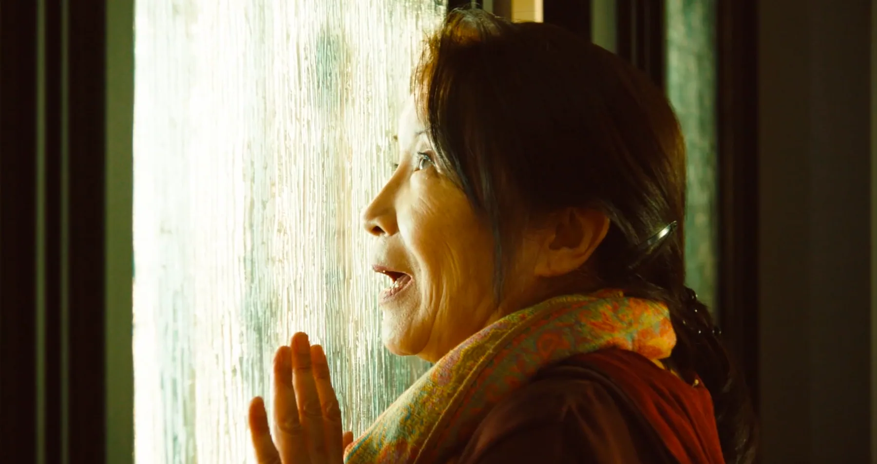 A mother praying beside a textured window